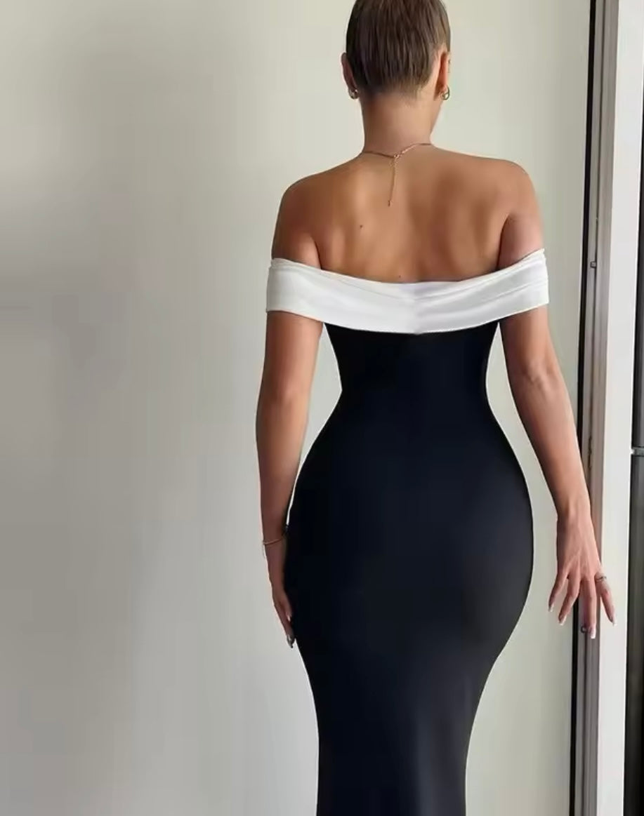 Sexy Slim-fit Off-shoulder Contrasting-color Dress