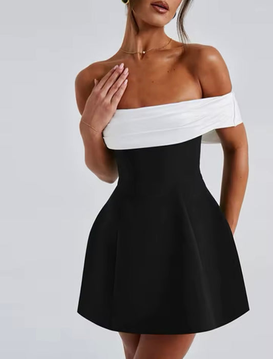 Sexy Slim-fit Off-shoulder Contrasting-color Dress