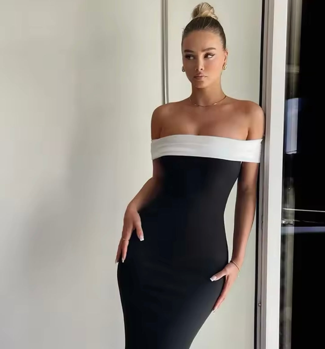 Sexy Slim-fit Off-shoulder Contrasting-color Dress