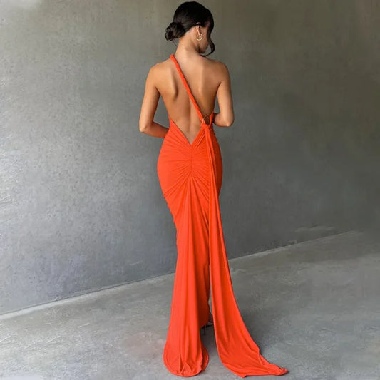 Backless Maxi Dress Oblique Shoulder Sleeveless